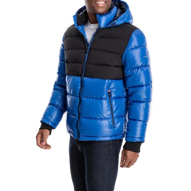 London Fog Men's Mixed Media Insulated Puffer Jacket with Attached Hood