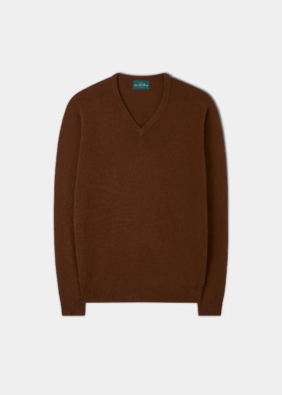 Men's Lambswool Vee Neck Jumper in Dark Vicuna - Regular Fit