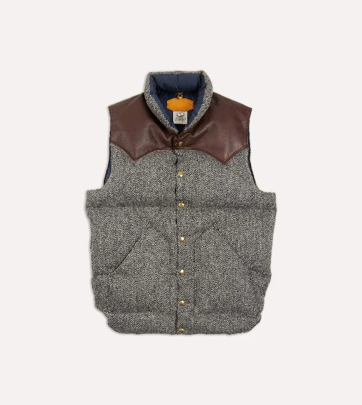 Rocky Mountain Featherbed for Drake's Herringbone Harris Tweed Leather Christy Down Vest