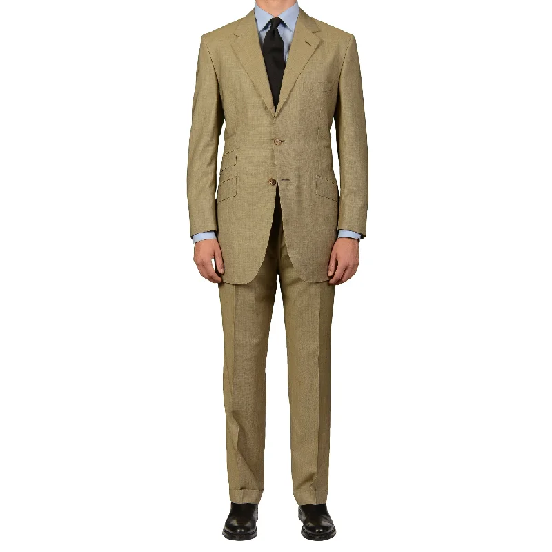 GIEVES & HAWKES Tan Nailhead Wool Super 120's Suit EU 51 NEW US 41 Long