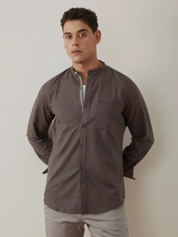 Grey Plain Chinese Collar Shirt