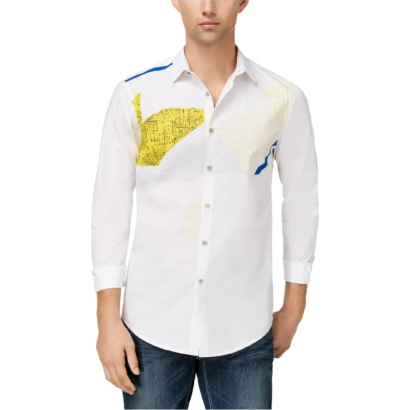 I-N-C Mens Printed Button Up Shirt, White, Small