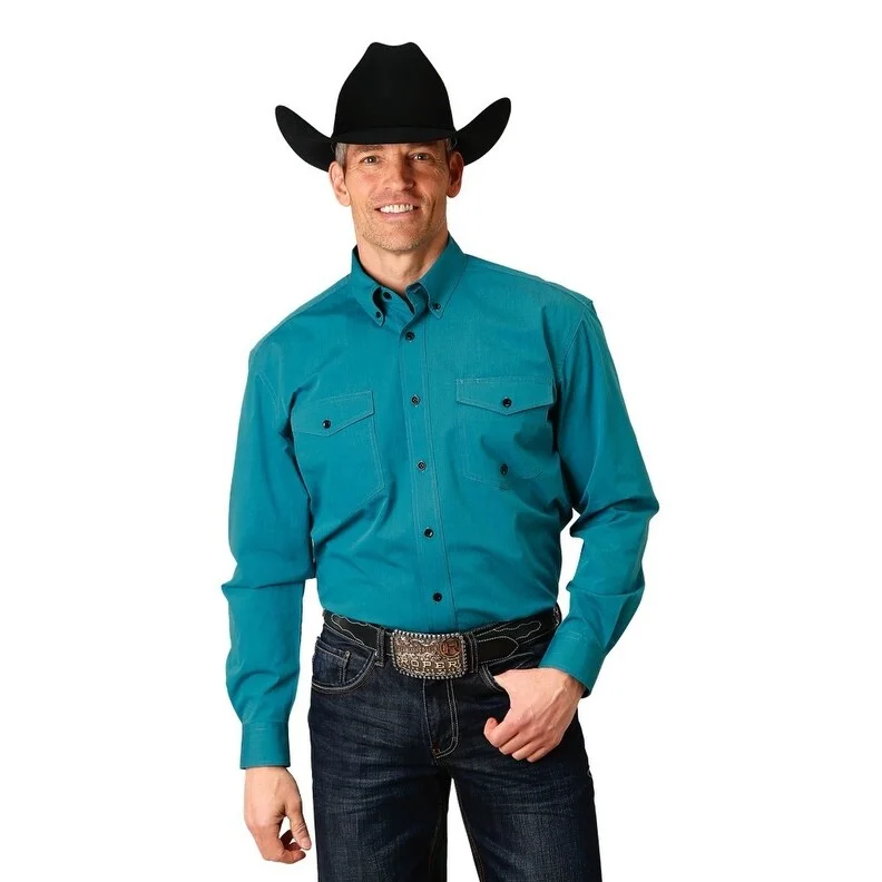 Roper Western Shirt Mens L/S Button Solid Teal 03-001-0365-0707 GR