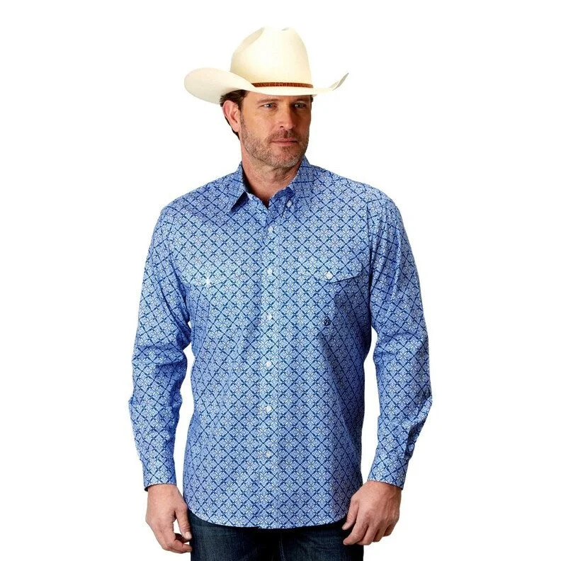 Roper Western Shirt Mens Print L/S Button Blue 03-001-0325-2024 BU