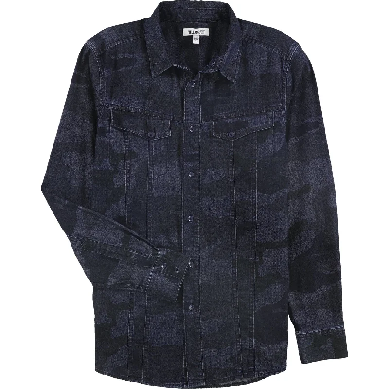 William Rast Mens Denim Camo Button Up Shirt, Blue, Small