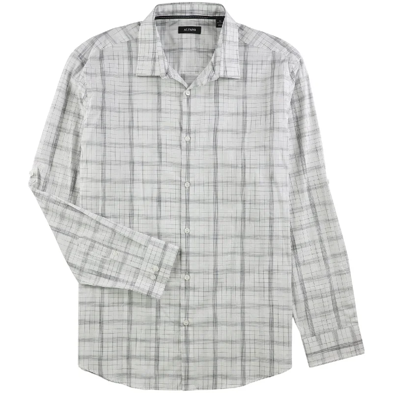 Alfani Mens Grid Button Up Shirt, White, X-Large