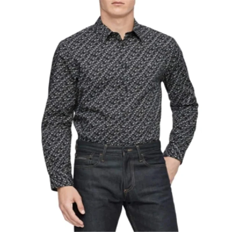 Calvin Klein Men's Floral Long Sleeve Collared Slim Fit Button Down Cotton Shirt Black Size Small