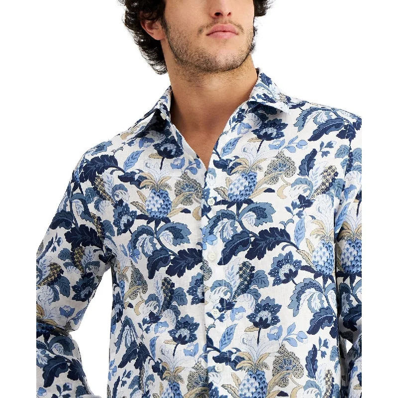 Club Room Men's Regular Fit Jacobean Floral Print Linen Shirt Blue Size Medium