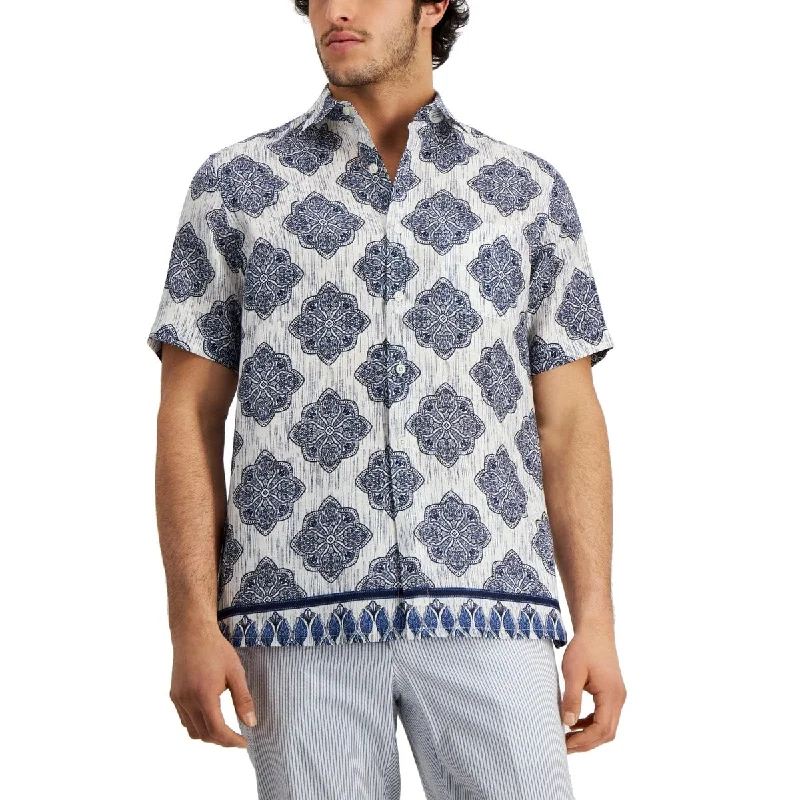 Club Room Men's Regular Fit Medallion Print Linen Shirt Blue Size Small