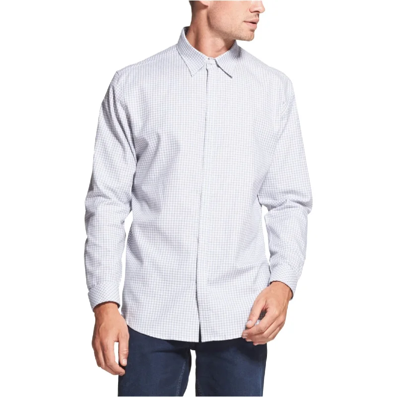 DKNY Mens Woven Check Button Up Shirt, White, Medium