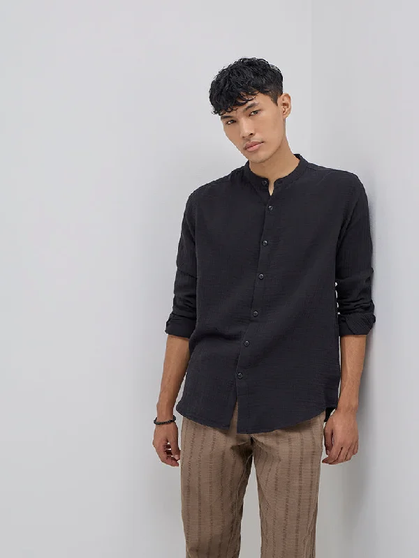 ETA Black Crinkle Textured Resort-Fit Cotton Shirt