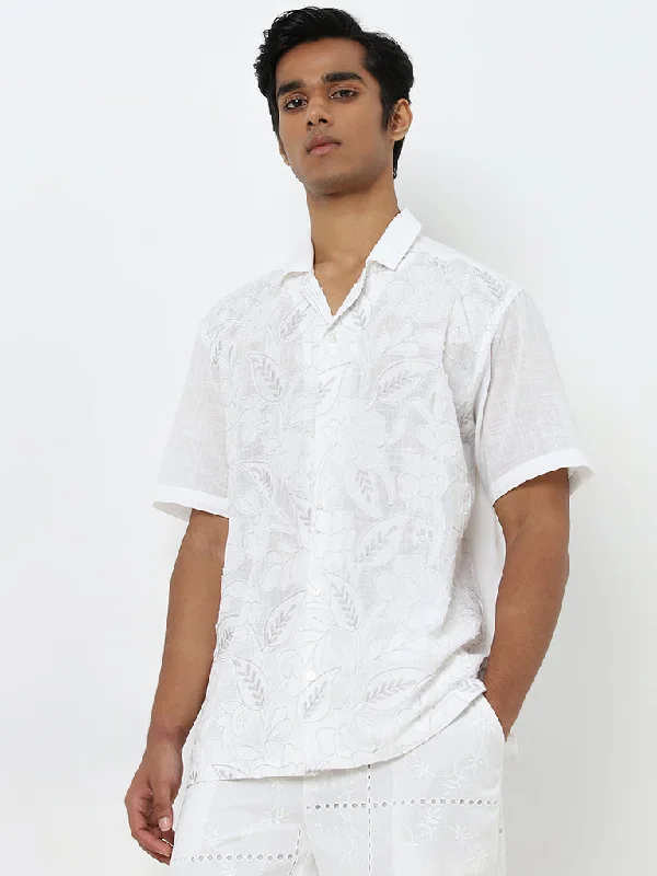 ETA White Floral Design Relaxed-Fit Cotton Shirt