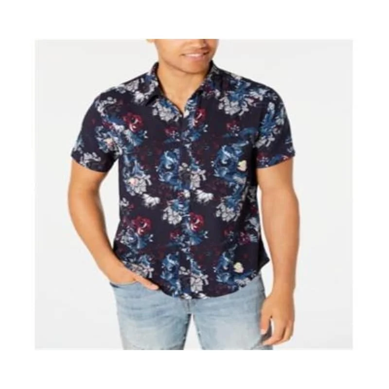 Guess Men's Floral Print Collared Guardian Button Down Shirt Black XX-Large