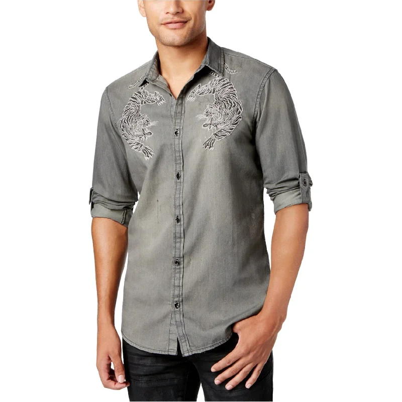 I-N-C Mens Embroidered Bengal Tiger Button Up Shirt