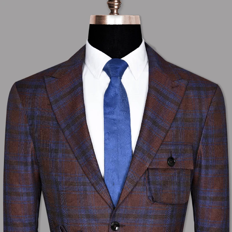 Maroon with Royal Blue Plaid Striped Wool Tweed Blazer