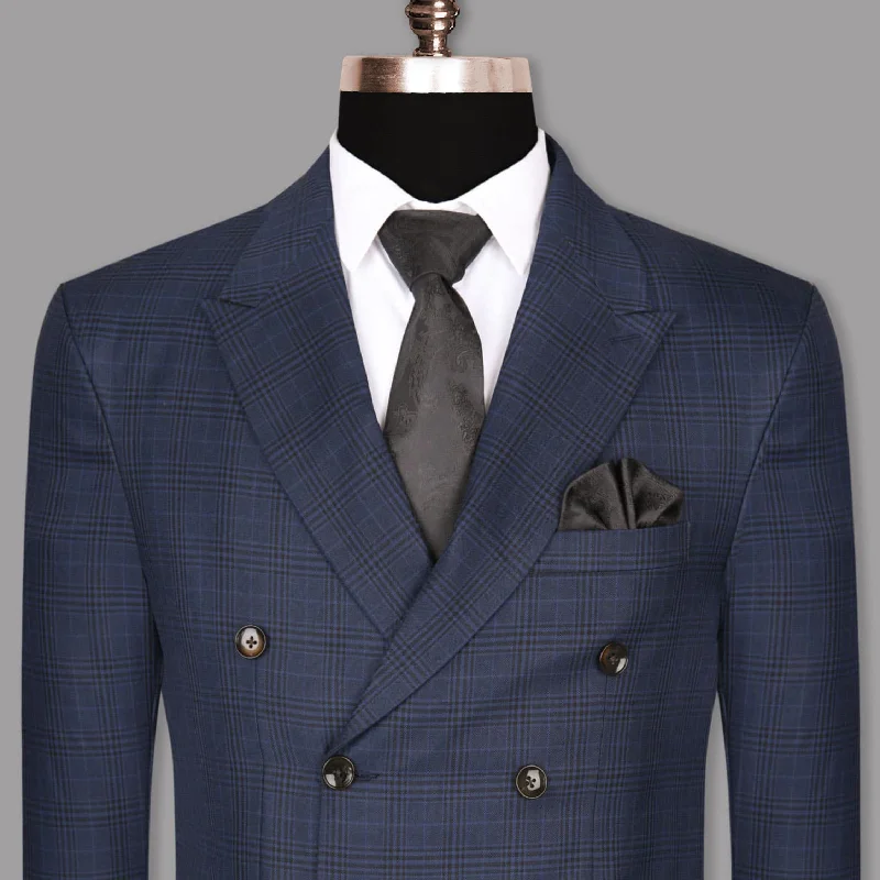 Navy Plaid Wool Blend Double Breasted Blazer