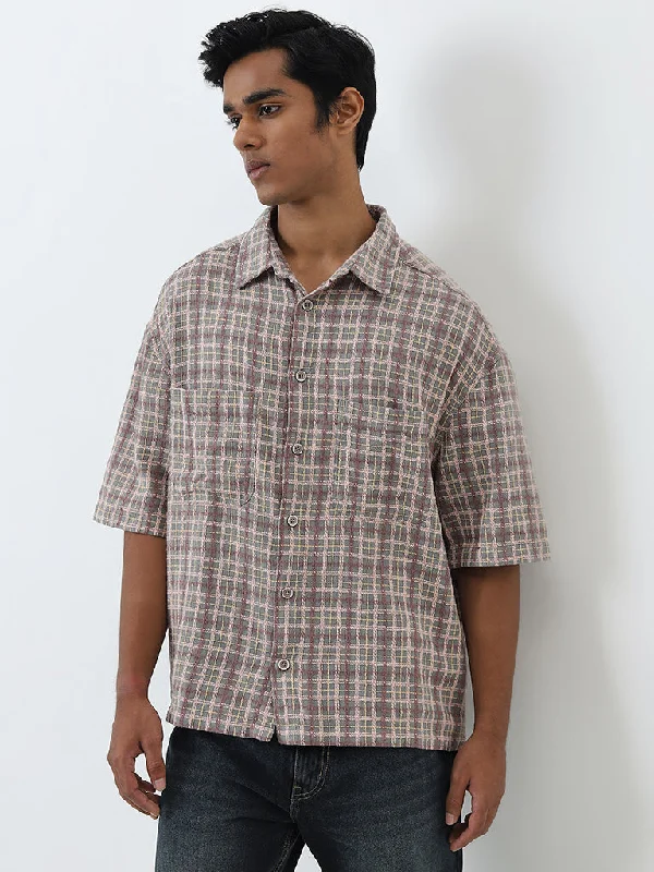 Nuon Beige Checkered Relaxed-Fit Cotton Shirt