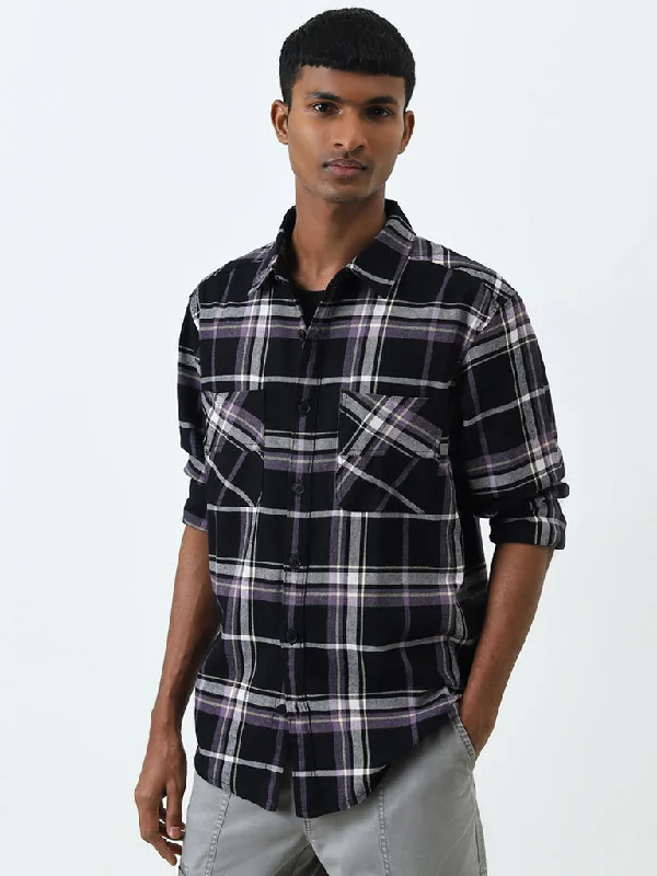 Nuon Black Checkered Relaxed-Fit Cotton Shirt