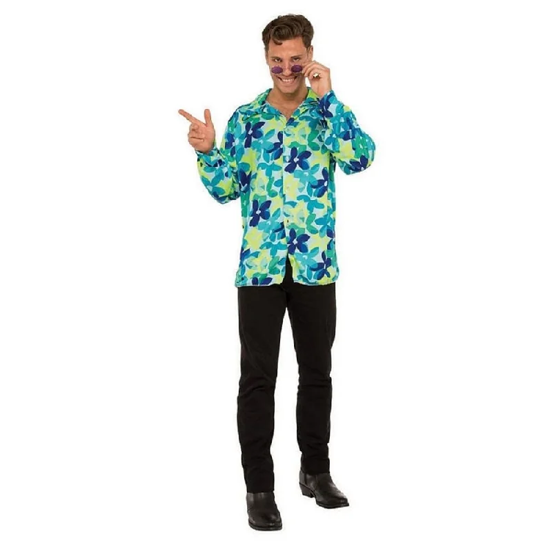 Pizazz Men's Halloween Button Front Flower Shirt Blue Size Large