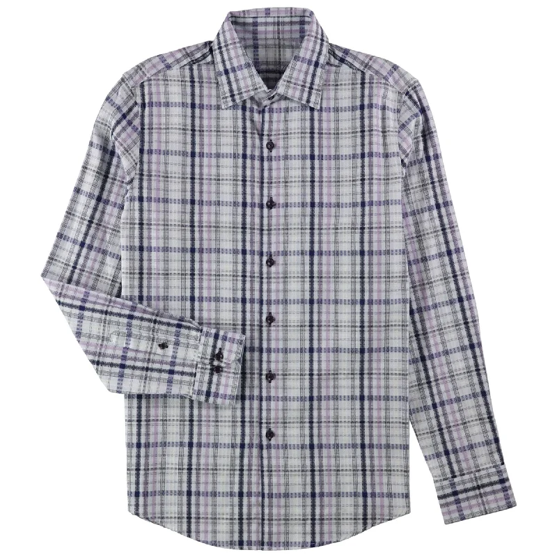 Tasso Elba Mens Geometric Plaid Button Up Shirt, Blue, Small