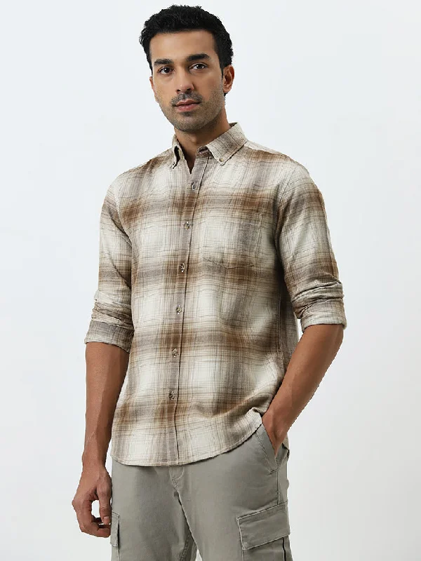 WES Casuals Beige Checkered Slim-Fit Cotton Shirt