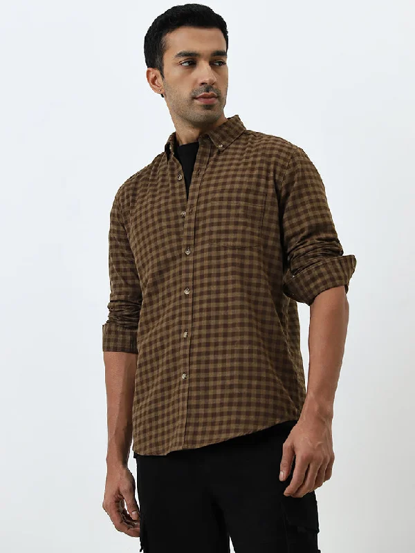 WES Casuals Brown Checkered Slim-Fit Shirt