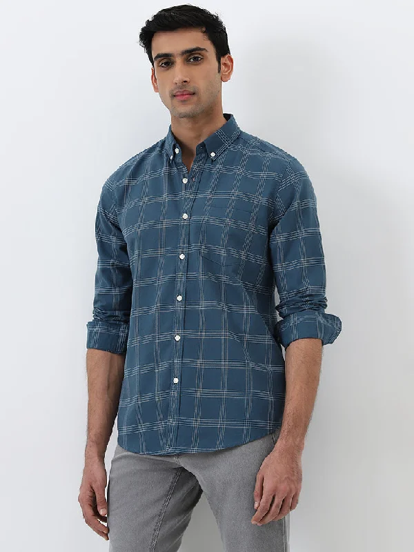 WES Casuals Dark Teal Checks Printed Slim Fit Cotton Shirt