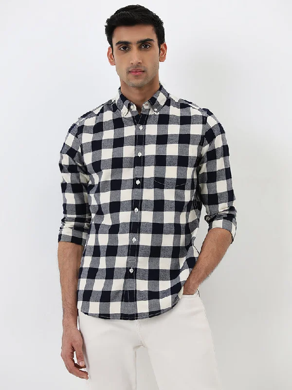 WES Casuals Navy Blue Checkered Slim-Fit Cotton Shirt