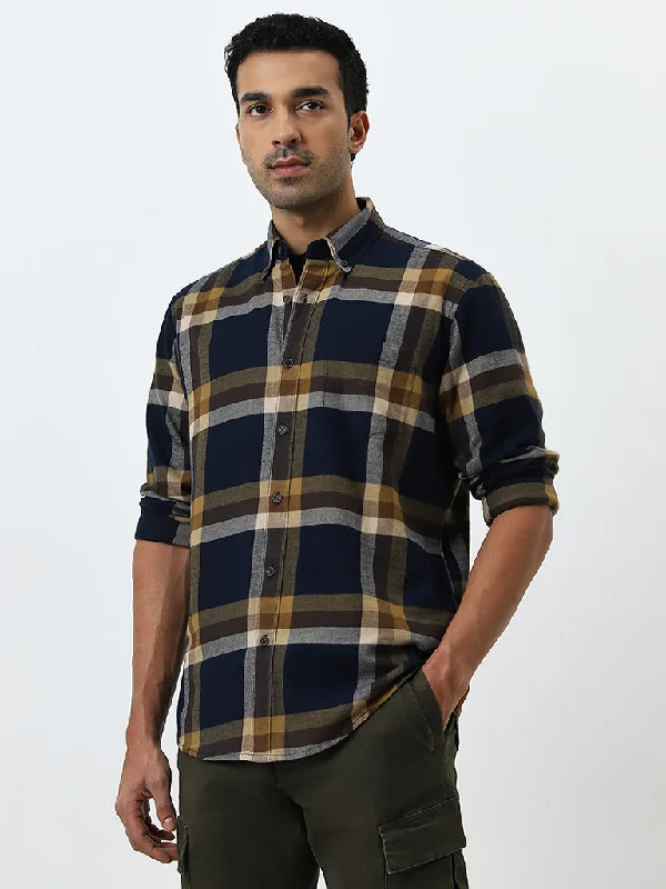 WES Casuals Navy Checkered Relaxed-Fit Cotton Shirt