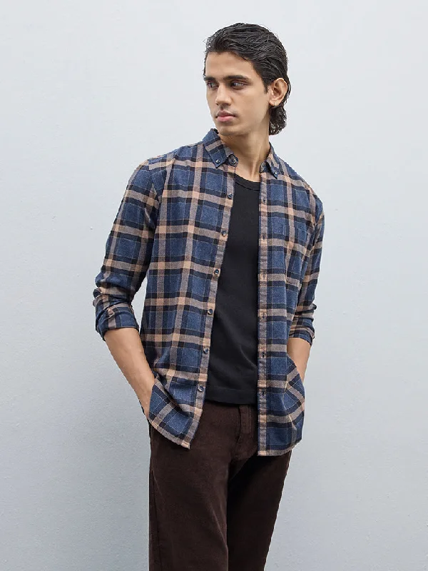 WES Casuals Navy Checkered Slim-Fit Shirt