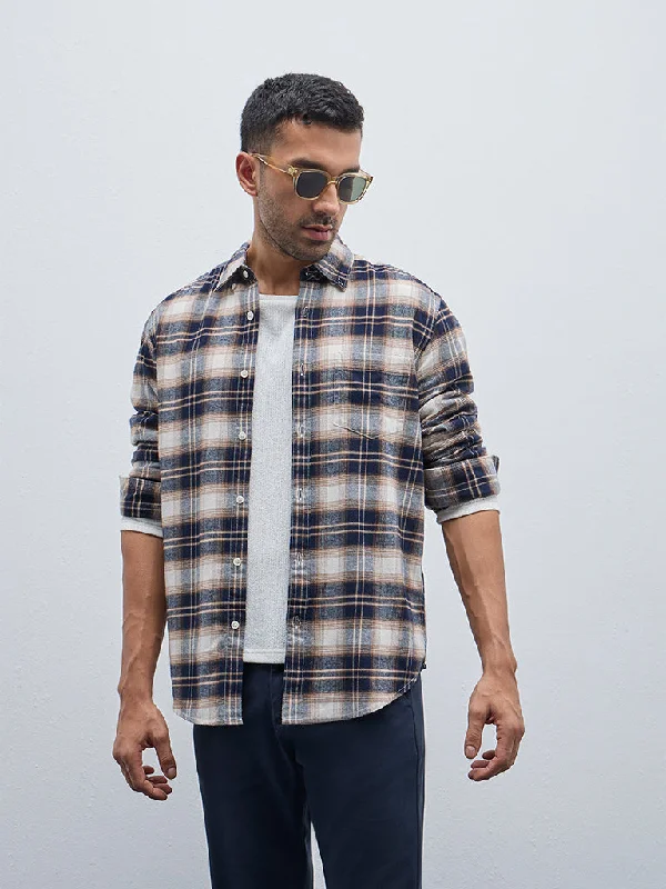 WES Casuals Navy Checks Design Relaxed-Fit Cotton Shirt