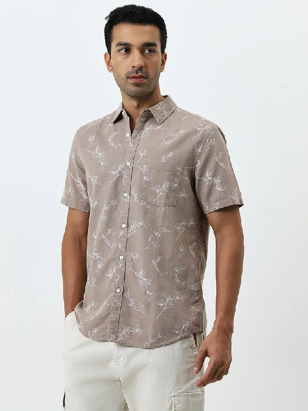 WES Casuals Taupe Floral Printed Slim-Fit Shirt