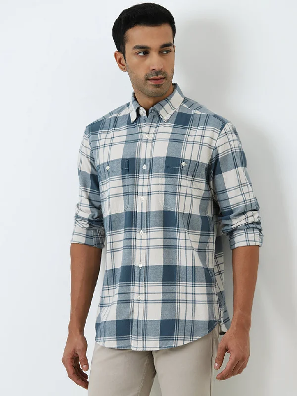 WES Casuals Teal Checkered Relaxed Cotton-Fit Shirt