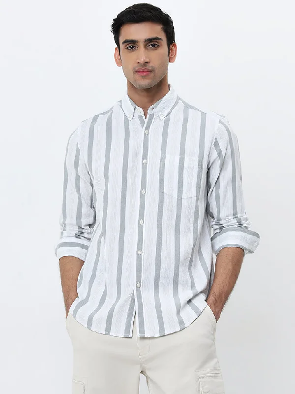 WES Casuals White Striped Slim-Fit Cotton Blend Shirt