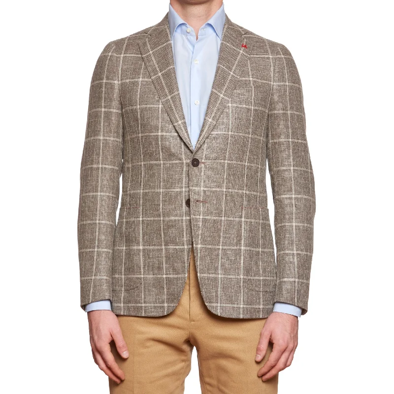 ISAIA Napoli "Cortina" Taupe Gray Plaid Wool-Silk-Linen Hopsack Jacket 46 NEW 36