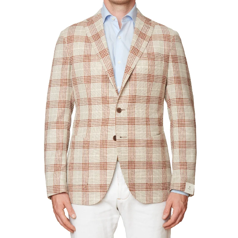 LUIGI BORRELLI Napoli "G-PROCIDA-I" Beige Plaid Wool-Silk Jacket EU 52 NEW US 42