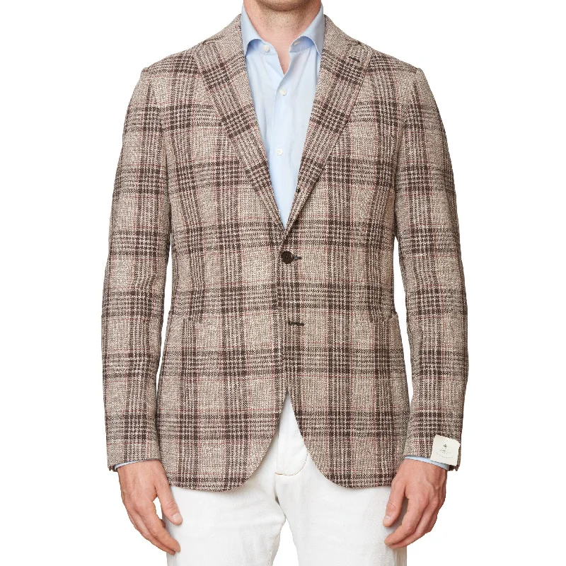 LUIGI BORRELLI "PROCIDA-I" Beige Plaid Cotton-Linen-Silk Jacket EU 52 NEW US 42