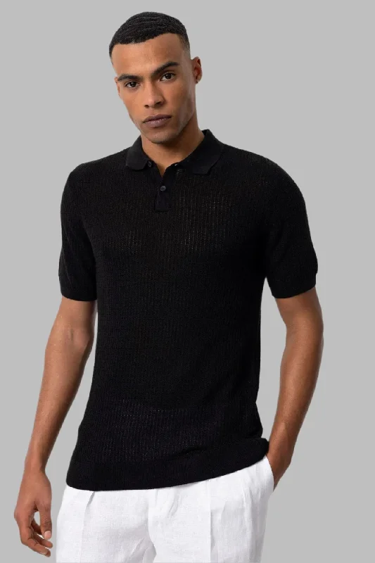 Men's Black Polo Collar Knit T-Shirt - Wessi