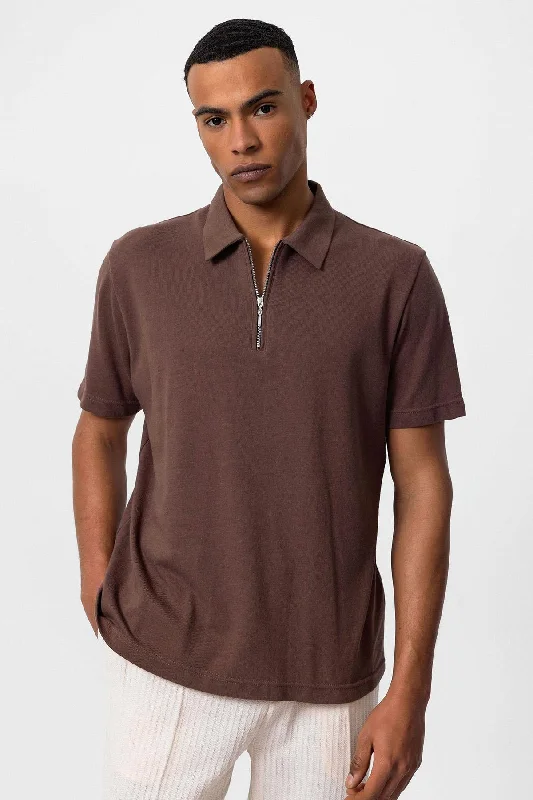 Men's Brown Polo Neck Zippered  T-Shirt - Wessi