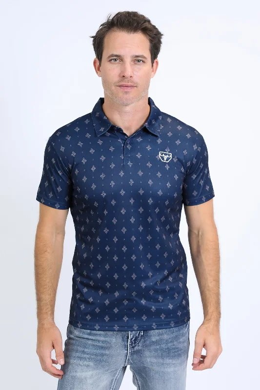 Mens Performance Fabric Print Navy Polo