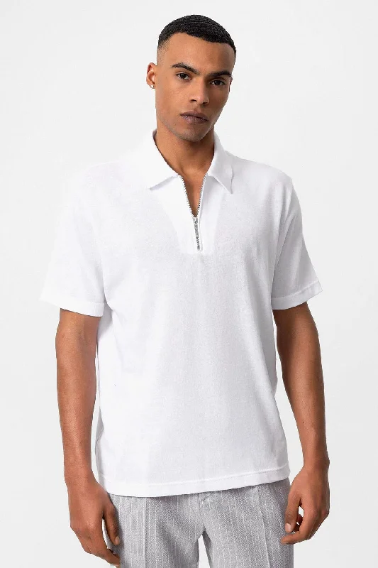 Men's White Polo Neck Zippered  T-Shirt - Wessi