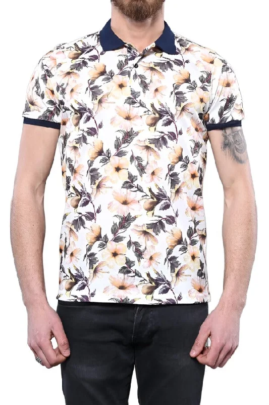 Polo Neck Floral Pattern Orange T-Shirt - Wessi