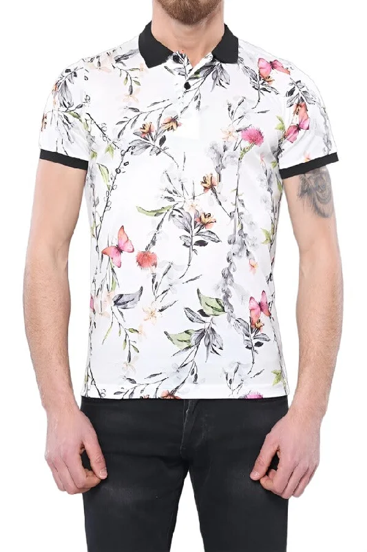 Polo Neck Floral Pattern Yellow T-Shirt - Wessi