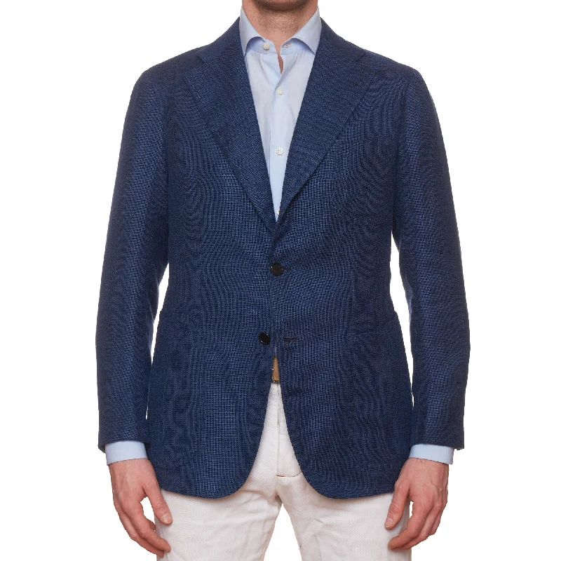 Sartoria CHIAIA Bespoke Handmade Blue Wool-Silk-Linen Hopsack Jacket EU 50 US 40