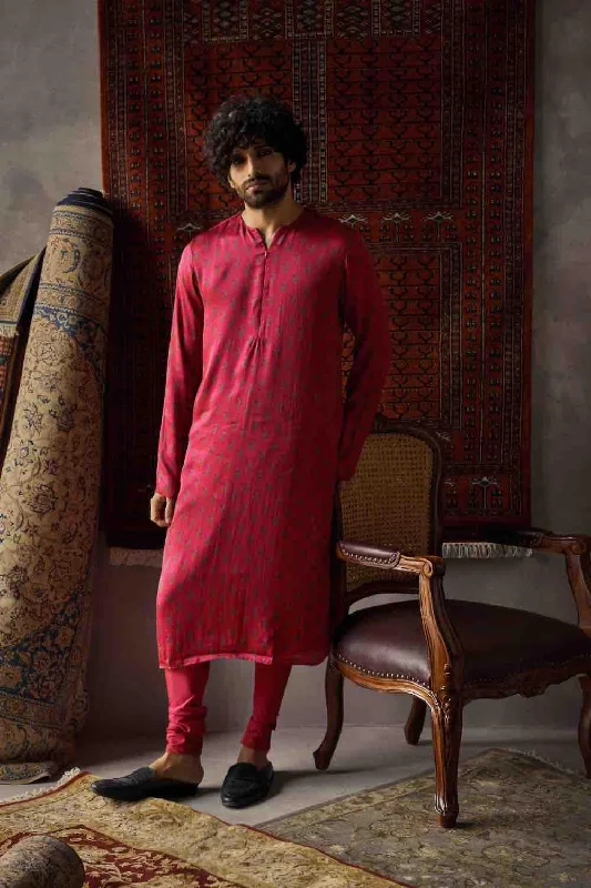 Cherry Red Satin Silk Kurta And Churidar Set