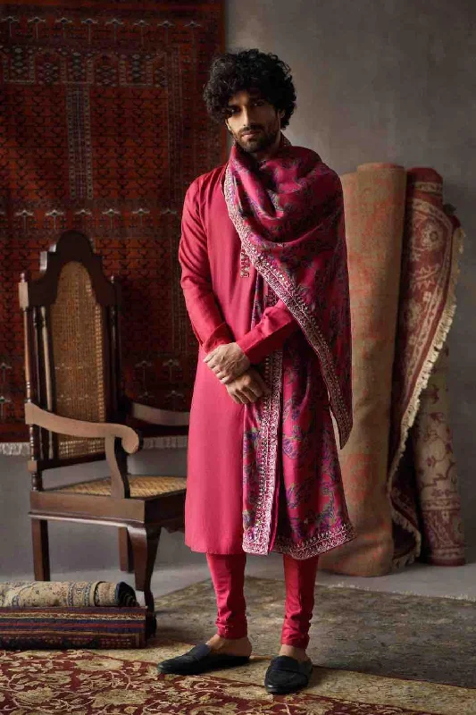 Cherry Red Tussar Silk Kurta  With Churidar And Dushala Set