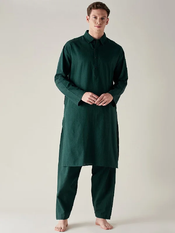 Mens Green Slub Cotton Pathani Kurta and Pyjama Set