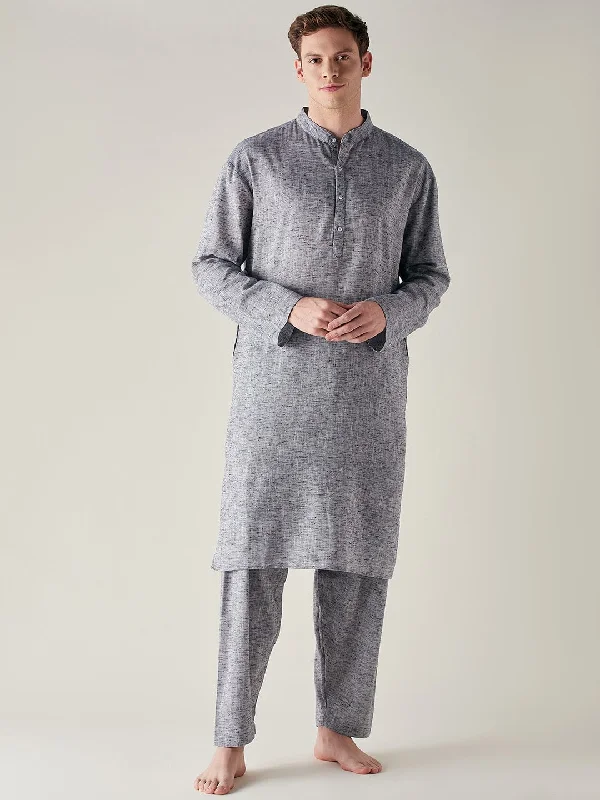 Mens Grey Slub Cotton Pathani Kurta and Pyjama Set