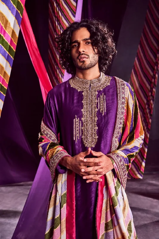 Purple Heavy Kurta With Stripes Dushala & Churidar