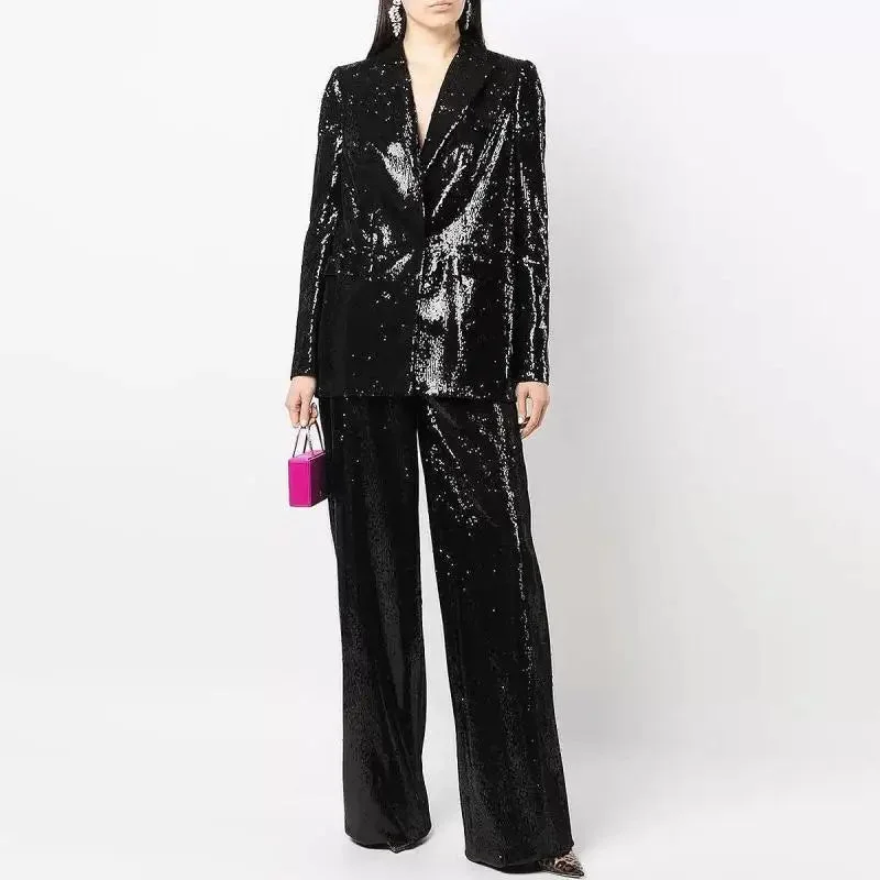 Sequined Blazer and Wide Leg Pant Suit Set